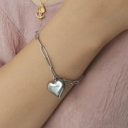 Stainless Steel Puffy Heart Charms Paperclip Chain Bracelet | Paper Clip,for Women,Love - color: Silver Color