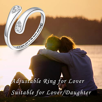 Fookduoduo 925 Sterling Silver Ring Inspirational Jewelry adjustable Wrap Open Rings for Women - style: I love you to the moon and back, style 2
