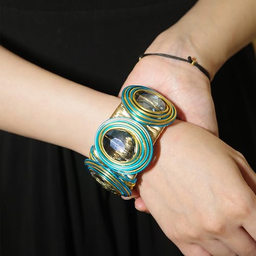 Chunky Gold Cuff Bracelets for Women Stack Silver Bracelet Vintage Bohemian Indian Bangles for Women Adjustable Open Wide Gold Bangle Bracelet Trendy Statement Jewelry - style: METALLIC FINISH SPIRALS THREE BLUE GLASSSTONE