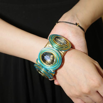 Chunky Gold Cuff Bracelets for Women Stack Silver Bracelet Vintage Bohemian Indian Bangles for Women Adjustable Open Wide Gold Bangle Bracelet Trendy Statement Jewelry - style: METALLIC FINISH SPIRALS THREE BLUE GLASSSTONE