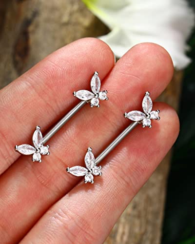 Butterfly Nipple Rings for Women 14G Nipple Piercing Jewelry Gold Nipple Ring Surgical Steel Nipple Shield CZ Nipple Barbell Body Piercing Jewelry for Women - color: Silver