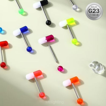Melighting 10pcs Titanium Pill Tongue Ring 14G Titanium G23 Pill Tongue Piercing Jewelry Uv Shaped 14mm Tongue Barbell with Colorful Ball Tongue Jewelry for Women