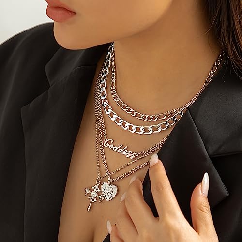 Chunky Gold Necklace Stack Layered Gold Necklaces for Women Non Tarnish Silver Statement Necklace Paperclip Chain Necklace Set Layering Big Heart Coin Cross Necklace Chunky Jewelry - style: 3 - silver with cross