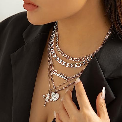 Chunky Gold Necklace Stack Layered Gold Necklaces for Women Non Tarnish Silver Statement Necklace Paperclip Chain Necklace Set Layering Big Heart Coin Cross Necklace Chunky Jewelry - style: 3 - silver with cross