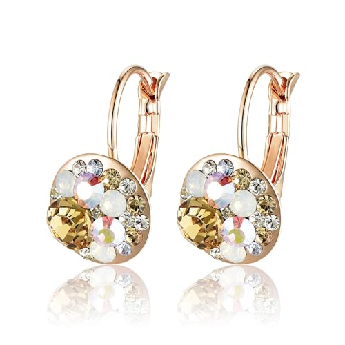 Multicolored Austrian Crystal Leverback Earrings for Women 14K Gold Plated Dangle Hoop Earrings Hypoallergenic Jewelry - color: Yellow Main Crystal/Rose Gold-tone
