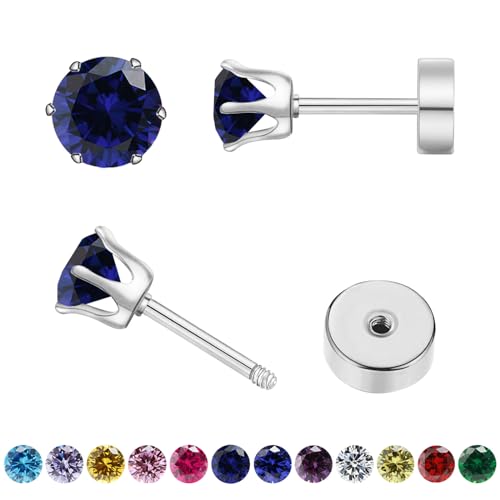 Birthstone Stud Earrings | Hypoallergenic, Brilliant Cut Round Cubic Zirconia, Flat Back, Surgical Steel, For Sensitive Ears - style: Fashion