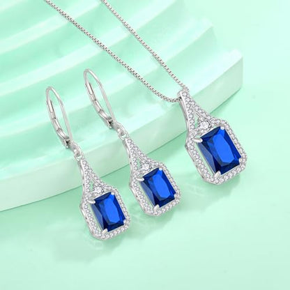 Created Gemstone Necklace 925 Sterling Silver Halo Rectangular Pendant Birthstone Necklaces Jewelry Gifts for Women - color: 09 September - Sapphire