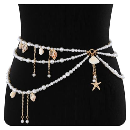 XZQTIVE Starfish Pearl Waist Chain Belts for Women Mermaids Seashell Pearl Belly Chain Gold Pirate Rave Festival Summer Bikini Beach Jewelry Accessories - style: Starfish-6