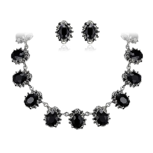 BriLove Victorian Style Statement Necklace Pierced Earrings Jewelry Set for Women Crystal Floral Cameo Inspired Oval Jewellery for Party Prom - color: Black Antique-Silver-Tone