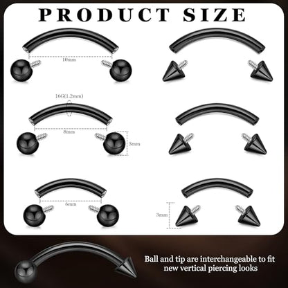 6PCS 16G G23 Titanium Eyebrow Piercing Jewelry for Women Curved Barbell Tiny Eyebrow Ring Vertical Labret Belly Lip Tongue Ring Internally Threaded Rook Tragus Daith Earring 6/8/10mm - color: Black A