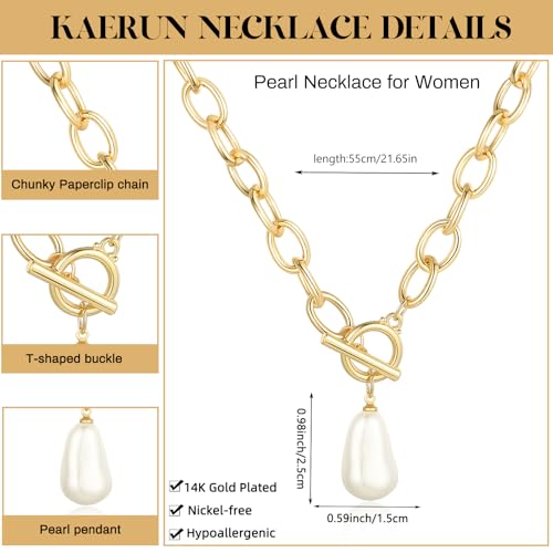 Chunky Gold Necklace for Women Trendy Non Tarnish 14K Gold Plated Paperclip Chain Charm Necklaces Chunky Heart Cross Clover Pearl Pendant Necklace with Toggle Clasp Statement Jewelry Gift for Women - color: B-Pearl