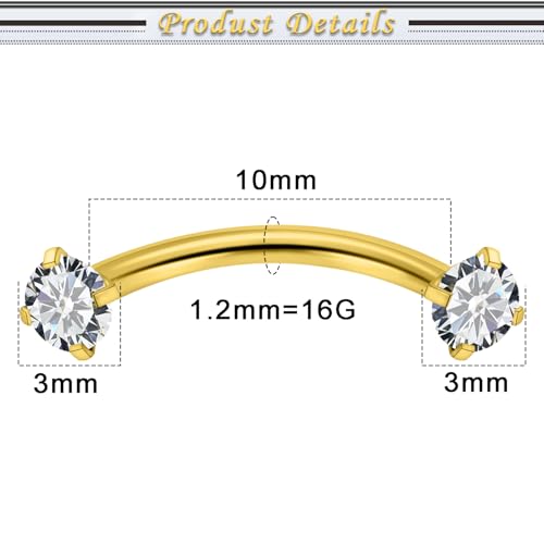 16G Eyebrow Piercing Jewelry Surgical Steel Cubic Zirconia Internally Threaded Vertical Labret Lip Jewelry Curved Barbell Tiny Eyebrow Rings Ear Rook Small Belly Button Ring for Women Men - color: goldtone,bar length:10mm