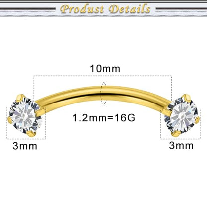 16G Eyebrow Piercing Jewelry Surgical Steel Cubic Zirconia Internally Threaded Vertical Labret Lip Jewelry Curved Barbell Tiny Eyebrow Rings Ear Rook Small Belly Button Ring for Women Men - color: goldtone,bar length:10mm