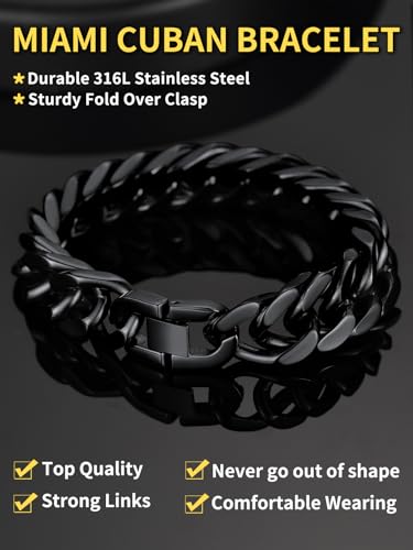 ChainsHouse Stainless Steel Cuban Link Bracelet, 6mm/8mm/12mm/17mm Width, 7.5"/8.3"/9", Black/ 18K Gold Plated Chain Wrist Bracelets for Men Women, Send Gift Box - color: J: Black-17mm width