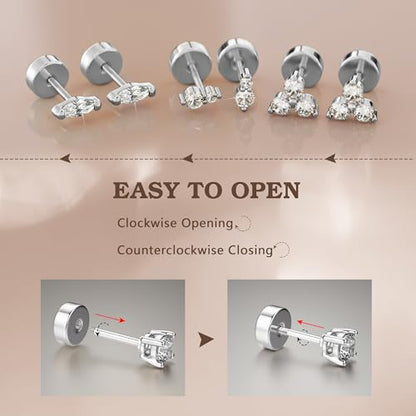 14K Gold Plated 925 Sterling Silver Flat Back Earrings Set | Hypoallergenic Cartilage Helix Conch Tragus Piercing Jewelry 3 Pairs Small Screw Dainty CZ Opal Earring Set Men Women - color: Silver, Style C