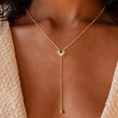 Lariat Gold Necklace for Women, 14K Gold Plated Dainty Drop Y Necklace, Waterproof Non Tarnish Long Layered Beaded Chain Lariat Necklace Prom Jewelry Summer Vacation Gift for Her - color: Gold-3