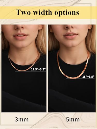 ChainsHouse Flat Snake Chain Herringbone Choker Necklace for Women, Stainless Steel/Rose Gold/18K Gold Plated Dainty Adjustable Simple Short Layered Necklaces, 12"/15"/18" with 3.5" Extender - color: b. layered-3mm+5mm-rose gold