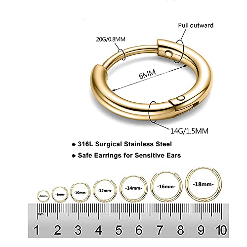 316L Surgical Stainless Steel Huggie Hoop Earrings 6mm 8mm 10mm 11mm 12mm 14mm Hypoallergenic Earrings Hoop Cartilage Helix Lobes Hinged Sleeper Earrings For Men Women - style: A08:6mm Gold(THK 1.5mm)