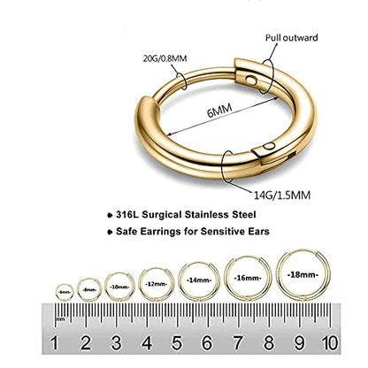 316L Surgical Stainless Steel Huggie Hoop Earrings 6mm 8mm 10mm 11mm 12mm 14mm Hypoallergenic Earrings Hoop Cartilage Helix Lobes Hinged Sleeper Earrings For Men Women - style: A08:6mm Gold(THK 1.5mm)
