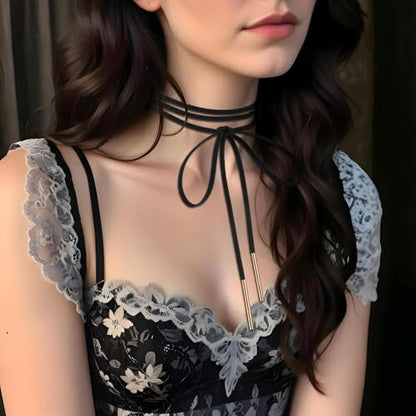 Red Choker Necklace for Women, Gothic Bow Velvet Choker, Sexy Long Wrap Rope Collar Tie Neck Chain with Gold Tube, Red Bow Tie Necklace Neck Accessories for Party Prom - color: Black