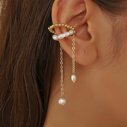14K Gold Plated Ear Cuff Earring for Women Non Piercing, Dainty Pearl Tassels Beads Ear Cuff Minimalist Cuff Earrings Jewelry Gift - style: Pearl Tassel Chain1