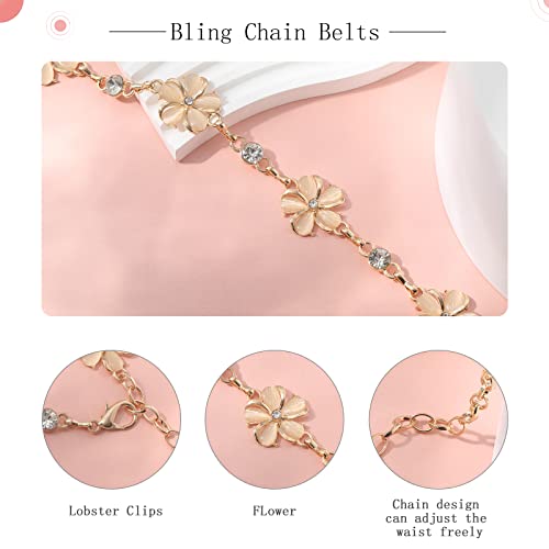 WELROG Metal Waist Chain Belt for Women - Pearls Gold Silver Chain Belts for Dresses Jeans - color: FLower - Gold