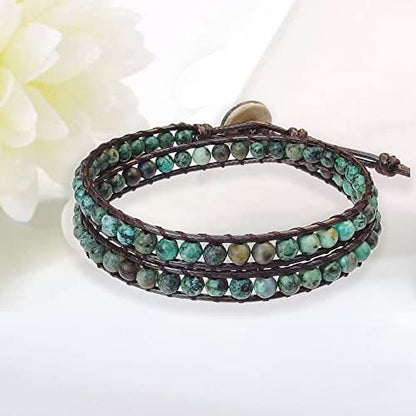 Genuine Stone Wrap Bracelets for Women Natural Crystal Beaded Wrap Bracelet 2/3/5 Adjustable Bohemian Bracelets Jewelry Gifts for Women Mom - color: africa turquoise(2 wraps)