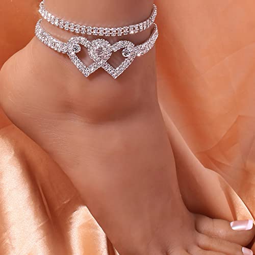 Fesciory Heart Rhinestone Ankle Bracelets for Women, Adjustable Silver Plated Shiny Tennis Anklets, Twinkle Cubic Zircon Imitation Diamond Anklet Foot Chain Jewelry Gifts - color: Double Heart Set