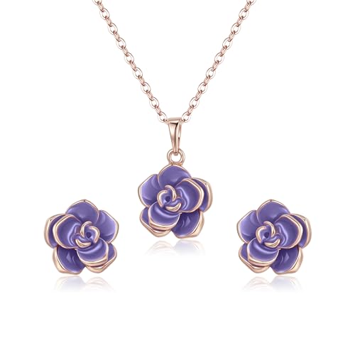 EleQueen Rose Flower Necklace Earrings Bracelet Set for Women - color: Light Purple-Rose Gold-Tone