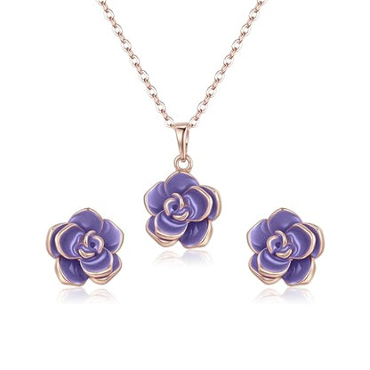 EleQueen Rose Flower Necklace Earrings Bracelet Set for Women - color: Light Purple-Rose Gold-Tone