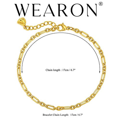 WEARON Gold Bracelet for Women 14K Gold Plated Snake Herringbone Figaro Cuban Bead Paperclip Cable Box Chain Simple Jewelry - style: Paperclip Chain 3.0mm