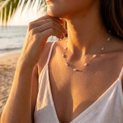 RINHOO Dainty Beaded Necklace for Women 18K Gold Plated Stainless Steel Colorful Blue Pink Choker Boho Choker Necklace Jewelry Gift for Women - color: Style 1-Pink