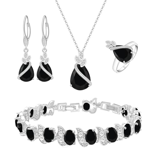 LMXXVJ Jewelry Set for Women,Teardrop Cubic Zirconia Necklace Earrings Adjustable Ring Bracelet Jewelry Set Formal Jewelry Gift - color: SYSD-White Gold-Black