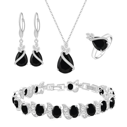 LMXXVJ Jewelry Set for Women,Teardrop Cubic Zirconia Necklace Earrings Adjustable Ring Bracelet Jewelry Set Formal Jewelry Gift - color: SYSD-White Gold-Black