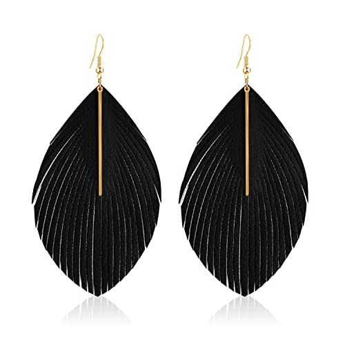 Bohemian Handmade Lightweight Color Large Genuine Soft Leather Fringe Feather Leaf Tear Dangle Drop Earrings for Women Statement - color: Black