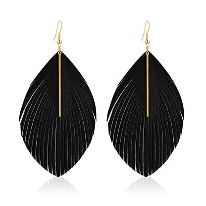 Bohemian Handmade Lightweight Color Large Genuine Soft Leather Fringe Feather Leaf Tear Dangle Drop Earrings for Women Statement - color: Black