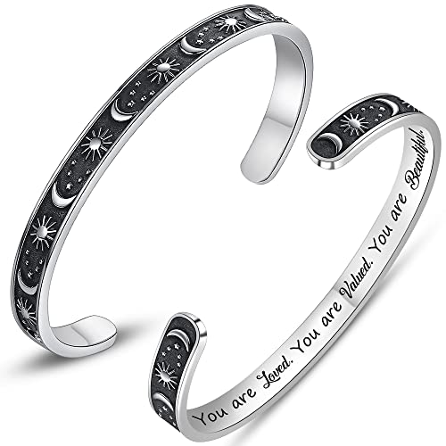 Btysun Bracelets for Women Mothers Day Bracelet Gifts from Daughter Inspirational Gifts for Women Graduation Gifts for Her Motivational Birthday Cuff Bangle Friendship Personalized Mantra Jewelry… - style: 0 Moon & Sun - You are loved.You are valued.You a