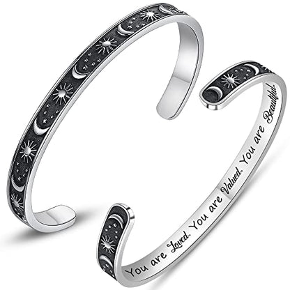 Btysun Bracelets for Women Mothers Day Bracelet Gifts from Daughter Inspirational Gifts for Women Graduation Gifts for Her Motivational Birthday Cuff Bangle Friendship Personalized Mantra Jewelry… - style: 0 Moon & Sun - You are loved.You are valued.You a