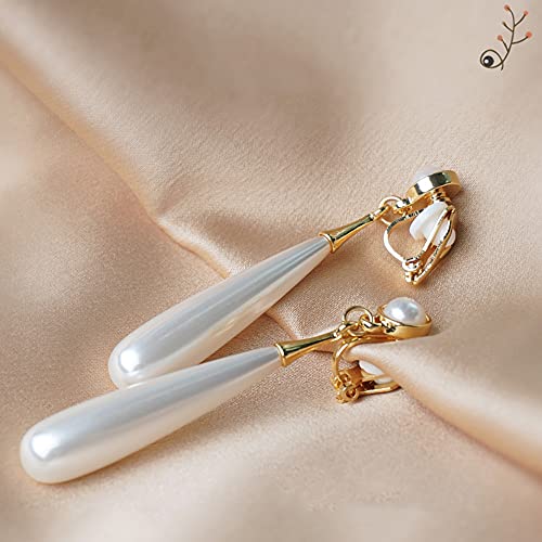 Pearl Clip on Earrings for Women Drop Clip Earrings for Women Gold Plated White Imitation Pearl Earrings Fashion - color: Long Pearl