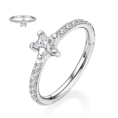 16G Cartilage Earring Hoop 316L Surgical Steel Daith Helix Conch Earrings Tragus Rook Earrings CZ Opal Septum Jewelry Seamless Clicker Nose Rings Hinged Segment Ring Hoop Earring for Women Men - color: 1PC,Silver,Star CZ
