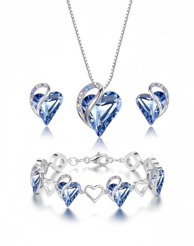 Leafael Necklace Gift Set for Women, Infinity Love Birthstone Heart Pendant with Matching Earrings and Bracelet, for Mom and Wife, Silver Plated - color: 03-Set-March & December-Light Sapphire Blue