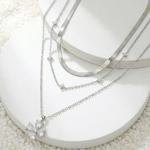 14k Gold Plated Layered Cubic Zirconia Pendant Necklace for Women | Gold Plated Clover Necklaces Stackable Dainty Cubic Zirconia Pendant Necklace，Mother's Day, Thanksgiving Jewelry Trendy gifts - color: silvery, style: Style1