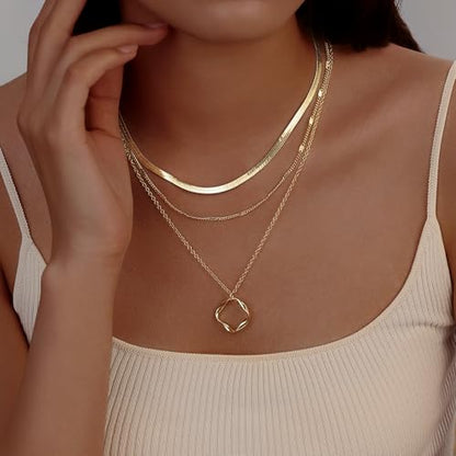 Evabelle Gold Layered Necklace for Women Trendy Jewelry 14K Real Gold Plated Chunky Chain Stackable Necklaces Dainty Choker Necklaces Rectangle Square Pendant - color: Gold Necklace 08-B