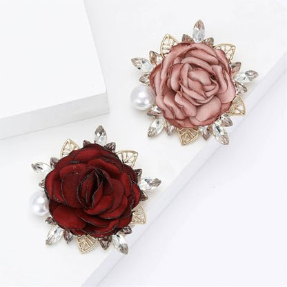 Handmade Elegant Red Rose Flower Brooch Pin for Women Crystal Pearl Fabric Flower Lapel Pin Dress Suit Accessories - color: Red