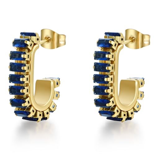 Green Crystal huggie gold hoop earrings for women Girls,14K Gold Plated with 925 Sterling Silver Post color Cubic Zirconia dainty cute Earrings| CZ Stud Earring - color: Blue stone