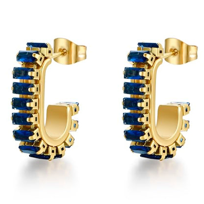 Green Crystal huggie gold hoop earrings for women Girls,14K Gold Plated with 925 Sterling Silver Post color Cubic Zirconia dainty cute Earrings| CZ Stud Earring - color: Blue stone
