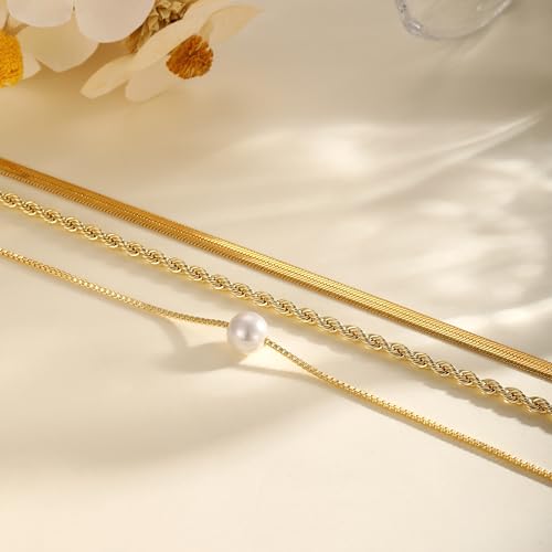 Layered Gold Necklace Set for Women Dainty Waterproof Cute Choker | 14K Gold Plated Minimalist Non Tarnish Lightweight CZ Pendant Pearl Twist Paperclip Chain Jewelry Gifts - style: 3PCS-Snake chain + Pearl-GD