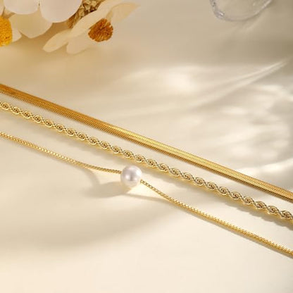 Layered Gold Necklace Set for Women Dainty Waterproof Cute Choker | 14K Gold Plated Minimalist Non Tarnish Lightweight CZ Pendant Pearl Twist Paperclip Chain Jewelry Gifts - style: 3PCS-Snake chain + Pearl-GD