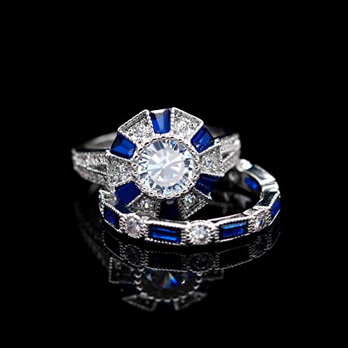 Uloveido Women's Platinum Plated Rectangular Cut Blue Cubic Zirconia 2 Pcs Engagement Wedding Band Rings Set Gift RJ497