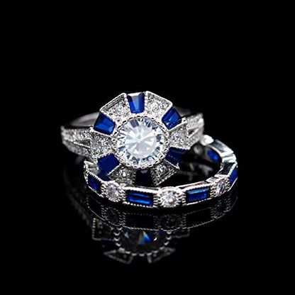 Uloveido Women's Platinum Plated Rectangular Cut Blue Cubic Zirconia 2 Pcs Engagement Wedding Band Rings Set Gift RJ497
